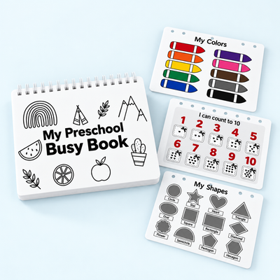 Preschool Busy Book cover with colour, counting and shape page previews on a pale blue background. Multiple views of one book.