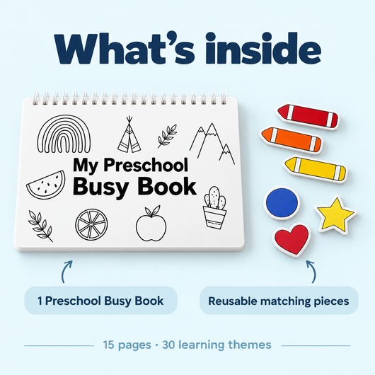 Illustration of one Preschool Busy Book and reusable matching pieces.